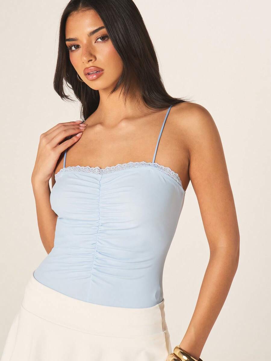 MISSGUIDED Slinky Ruched Lace Trim Cami Bodysuit With Adjustable Straps And Fitted Silhouette For Date Night - Blue - View 1