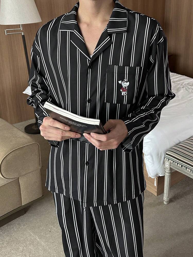 Spring Striped Puppy & Letter Print Long Sleeve Shirt With Pants Men's Pajama Set