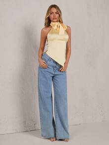 Glamine 性感露背系带蝴蝶结不对称下摆无袖缎面女式衬衫 - 黃色 - 查看 6