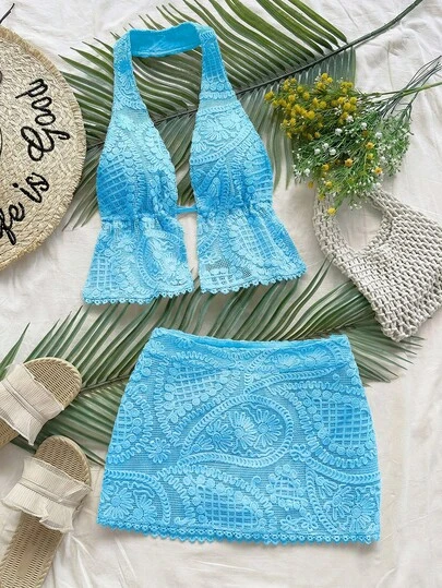 Soleia Bộ đồ 2 mảnh phối vải dệt họa tiết, bèo nhún, cổ yếm, lưng hở, thắt eo, màu vàng, thích hợp cho kỳ nghỉ xuân hè, tiệc tùng/hẹn hò, đi lễ hội âm nhạc, phong cách Boho.