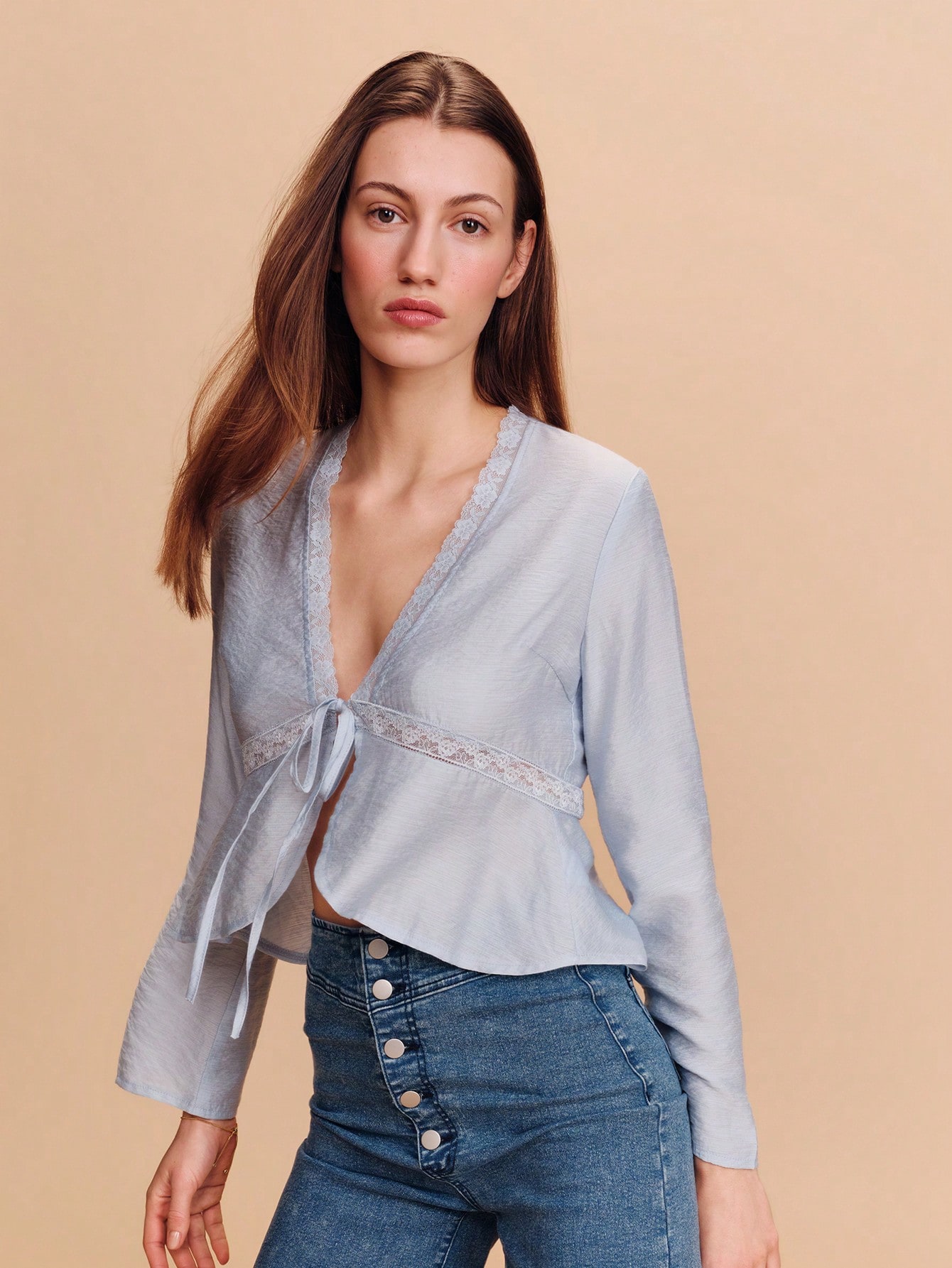 Sky Blue Tie Front Blouse With Lace Inset Details Boho Cute Spring Summer Vacation French Style Parisian Style