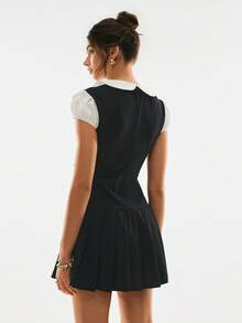 Poéselle Women's Cute Mini Dress With Peter Pan Collar And Puff Sleeves, 2 In 1 - Black and White - View 9