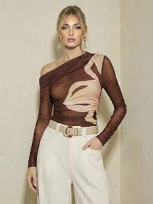 Revavyn Blusa elegante y ajustada con estampado floral y transparencia para mujer - Marrón - Ver 1