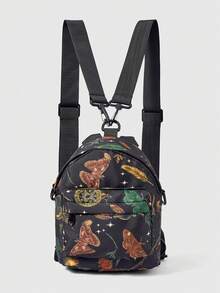 ROMWE Fairycore A Butterfly Moth Magic Array Plant Pattern Full Of Elf Wind Mini Backpack Backpack, Light And Suitable For Travel And Vacation - Black - View 1