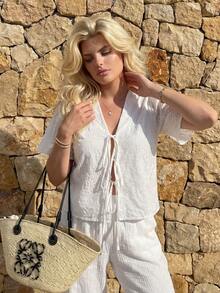 Dripcurv Women's Plus Size White Summer Boho Silky Lace-Up Embroidered Blouse,Ruffled Sleeves Beach Holiday Top,Casual Vacation Cruise Resort Wear - White - View 5