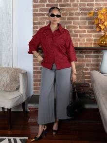 Melissa Matos 3/4 Sleeve Olive Green Shirt, Simple Cut, Loose Fit, Classic Collar, Comfortable To Wear - Red - View 5