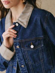 Anewsta 女士春夏时尚优雅拼接格子浪漫派对休闲度假蓝色长袖外套上衣牛仔裤 - 藍色 - 查看 2