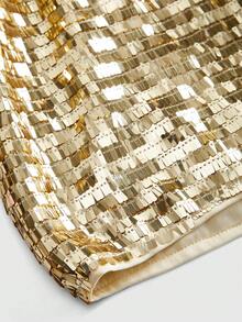 ROMWE Spring/Summer Y2K Music Festival Outfit, Sequin Patchwork Deep V Spaghetti Strap Crop Top And Sequin Mini Skirt 2 Pieces Set - Gold - View 15