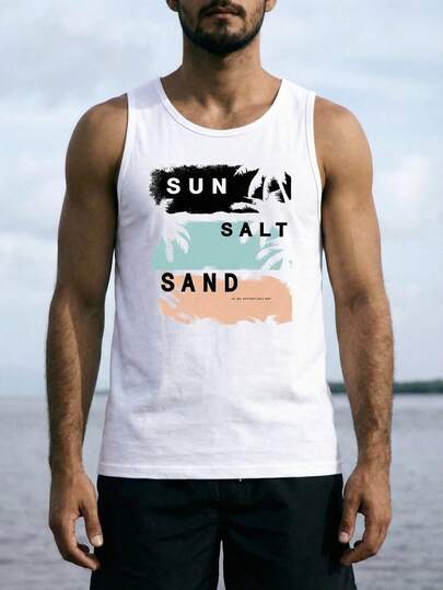 Manfinity Swimmode Men's Lightweight Knitted Beachwear With Surf Pattern, Hawaiian Palm Tree And Letter Print, Summer, White, Standard Size