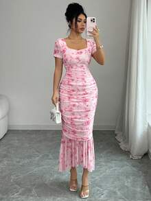 Elenzga 女士优雅印花荷叶边中长连衣裙，夏季 - 粉色 - 查看 7
