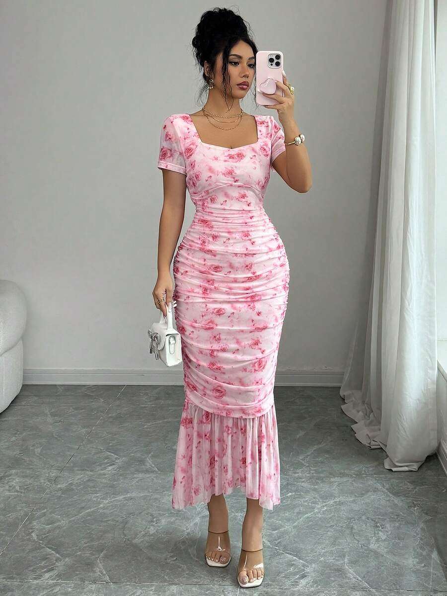 Elenzga Women's Elegant Floral Print Ruffle Hem Midi Dress, Summer - Pink - View 1