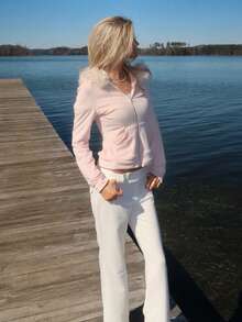 Sydney Algeri 复古短款毛绒拉链卫衣外套，女士款，粉色，秋冬款 - 粉色 - 查看 4