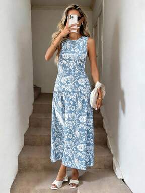 Pariaura Vestido largo elegante y bohemio de mujer con escote en la espalda, lazo con estampado floral pequeño, diseño ajustado en la cintura, vestido largo sin mangas, apropiado para vacaciones, picnic, citas, primavera/verano