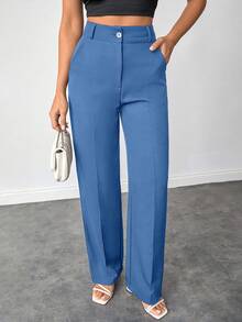 SHEIN Petite Size Women Solid Color High Waist Straight Leg Pants For Everday Wear - Dusty Blue - View 3