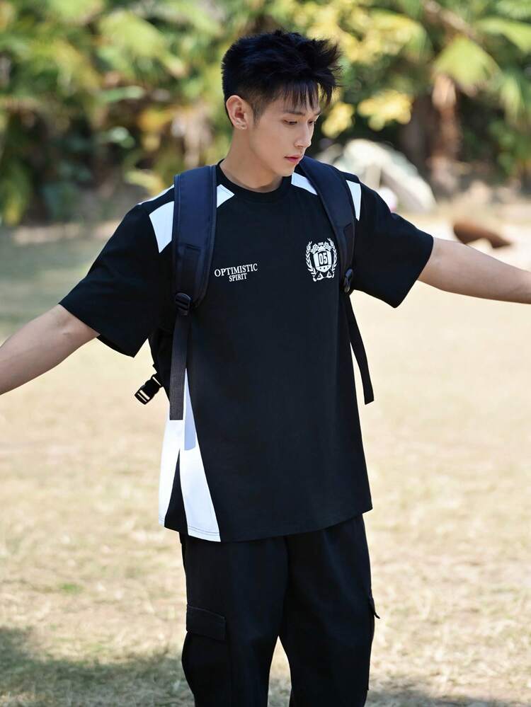 Men's Colorblock Letter Print Design Black & White T-Shirt, Summer