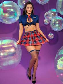 6pcs/Set Women's Costume Chiffon Plaid Print School Style Short Sleeve Pleated Dress With Fishnet Stockings And Tie - Multicolor - View 8