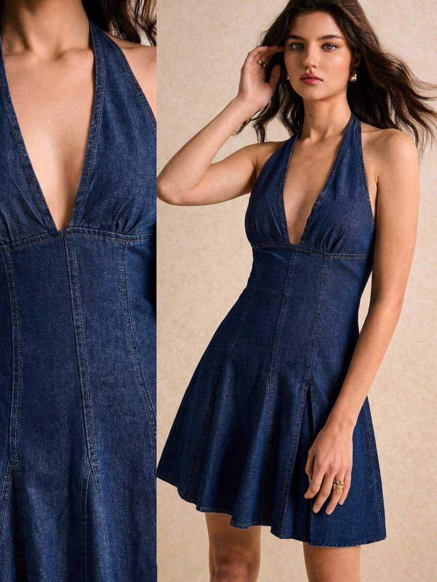 Poéselle 女士时尚休闲露背宽松牛仔迷你连衣裙 - 深色水洗藍 - 查看 1
