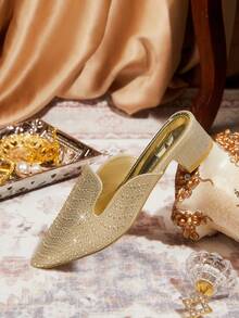 CUCCOO TILAWA Women's Pointed Toe Gold Rhinestone Decor Fashion Open Heel High Heel Sandals - Gold - View 11