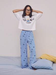 Athîral 2pcs Women's Casual Bear Print Pajama Set, Bear Print T-Shirt And Striped Pants - Multicolor - View 3