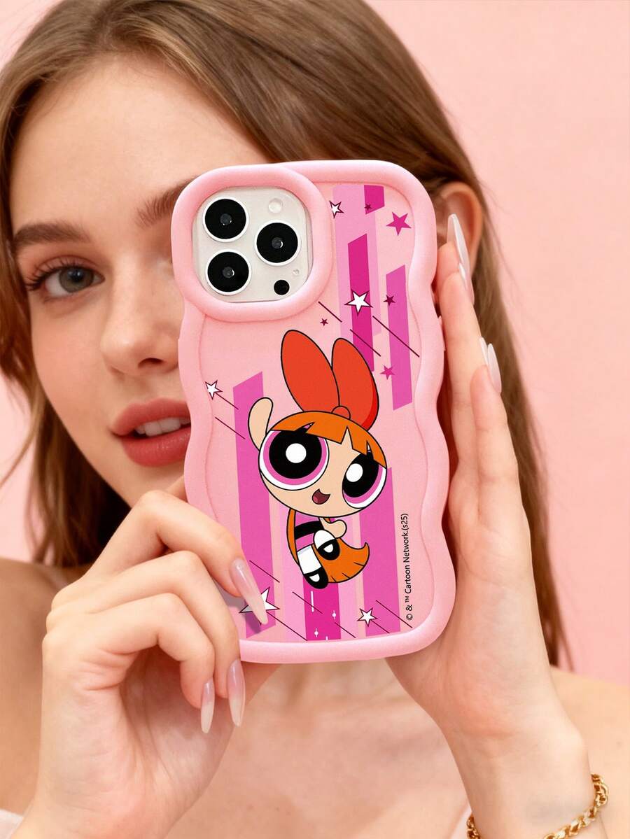 THE POWERPUFF GIRLS X SHEIN 飞天小女警花花粉色波浪纹硅胶手机壳，镜头保护防震，可爱动漫日常礼物配件，兼容iPhone和Galaxy手机，兼容iPhone 16/iPhone 17/iPhone 17 Pro Max/iPhone 12 Pro，兼容iPhone 17 Pro，Galaxy S25 Ultra，可爱手机壳，Galaxy S24 Ultra，快速发货 - 粉色 - 查看 1