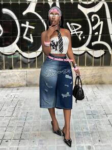 Slaydiva 女士休闲时尚街头风毛边字母图案拼接阔腿牛仔裤 - 藍色 - 查看 5