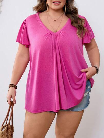 SHEIN CURVE+ Plus Size Women V-Neck Short Sleeve Solid Color Casual Vacation T-Shirt