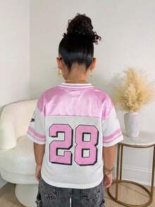 少女休闲可爱V领印花T恤，宽松版型字母印花粉色T恤，适合日常街头穿着 - 粉色 - 查看 2