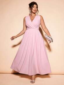 Cravure Vestido elegante y de moda con cuello en V, cintura recogida y corte evasé, con aplicaciones de encaje, sin mangas, adecuado para primavera y verano, tallas grandes - Rosa - Ver 7