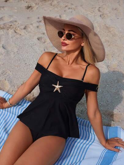 Swim Lushoire New Arrival Black Off-Shoulder Swimwear, Starfish Decor Ruffle Skirt Two Pieces Set