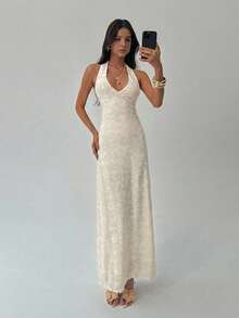 Aloruh White Flocked Elegant Backless Dress, Suitable For Valentine's Day And Wedding Season - Apricot - View 4