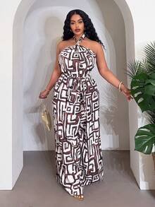 Slaydiva Frühlings-/Sommer-Neuheit, locker sitzender ärmellose Jumpsuit mit Trägerhalsband, Taillenbindung und weitem Bein, abstraktes geometrisches Muster, Wickelkleid in Große Größen für Damen, Rabattcode für Damenkleider "Wow Dress", Jumpsuit in Große Größen, Palazzo-Jumpsuit in Große Größen - Verschiedenfarbig - Übersicht 8