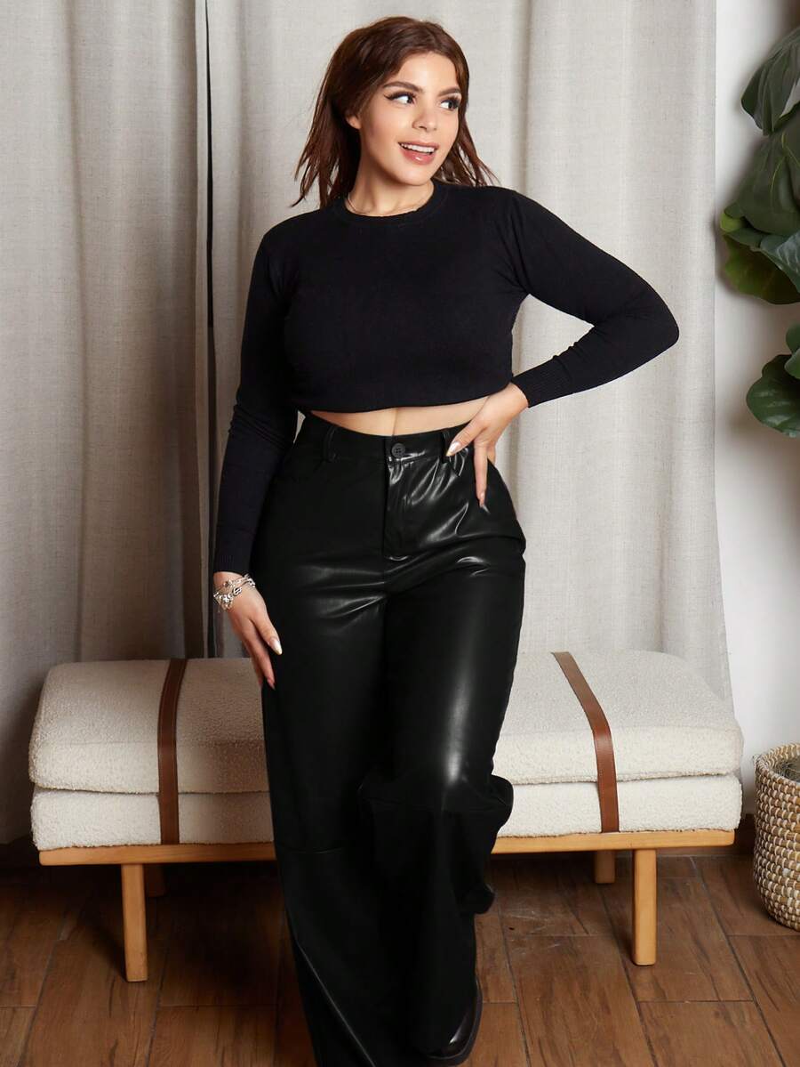Lupita Cardoza 女士皮革女裤纯色前扣简约休闲裤、日常穿着、女士下装 - 黑色 - 查看 1