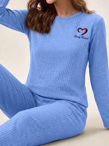EURMUSE 100%Cotton Letter Embroidery Ribbed Knit Lounge Set - Baby Blue - View 3