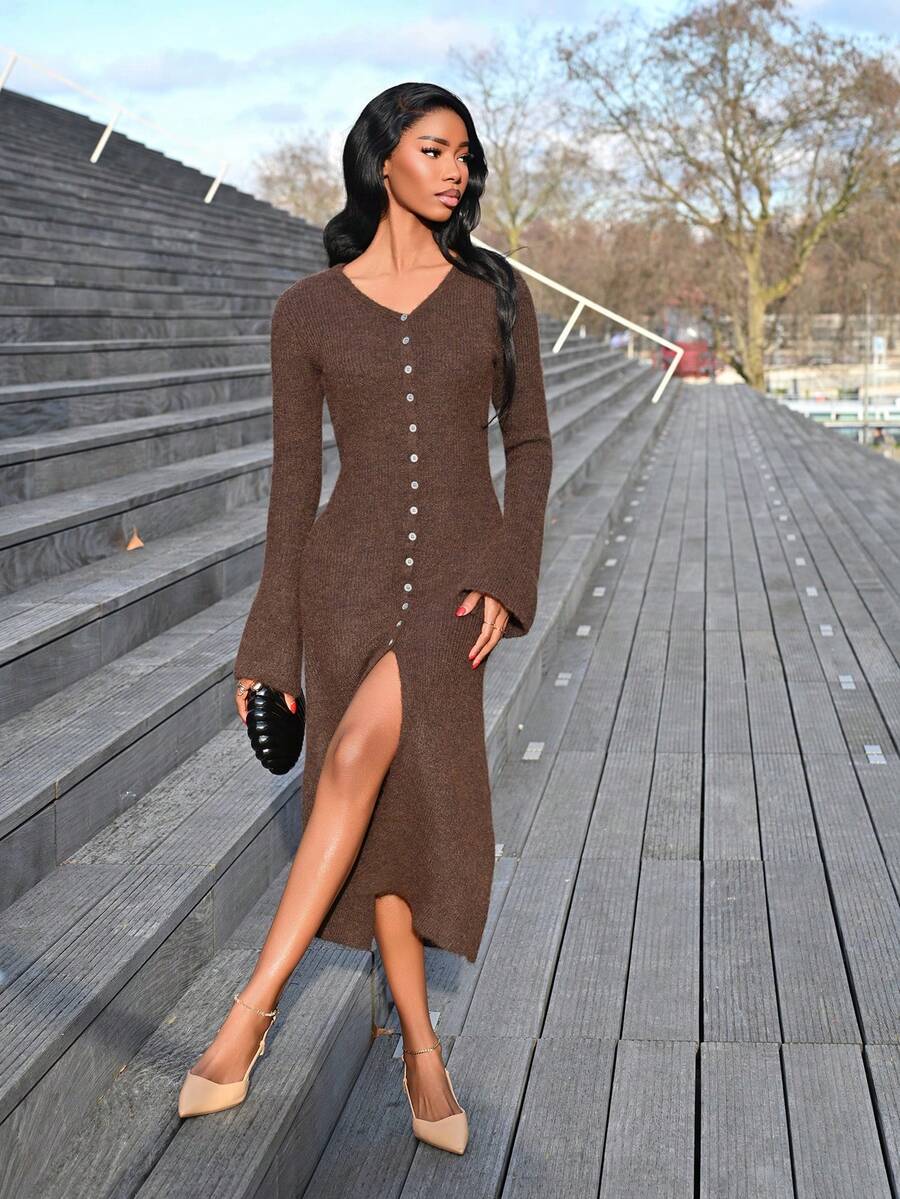 Mima John 女式V领长款蓬松毛衣裙 - 棕色 - 查看 1