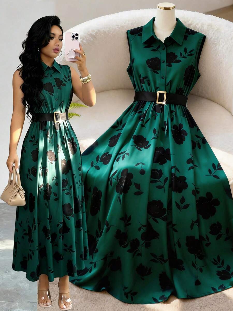 GlowEve Damen Mode Pendler Elegant Täglich Lässig Knopf Taille Gürtel Metall Schnalle Revers Weste Grün Schwarz Blumen Elegant Blumen Urlaub Party Maxikleid, Frühling/Sommer Weste Maxikleid - Verschiedenfarbig - Übersicht 1