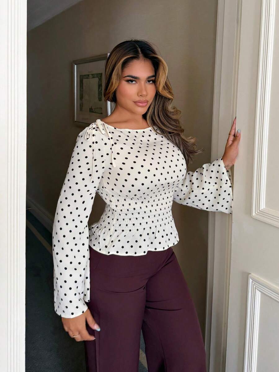 Maria Perezxox 新款秋冬法式优雅时尚波点一字肩蝴蝶结收腰修身休闲通勤百搭喇叭袖女衬衫 - 杏色 - 查看 1