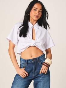 MISSGUIDED Áo sơ mi nữ tay ngắn màu trắng, cổ bẻ, cài cúc, kiểu dáng thường ngày, thích hợp mặc ngắn. - trắng - Xem 1
