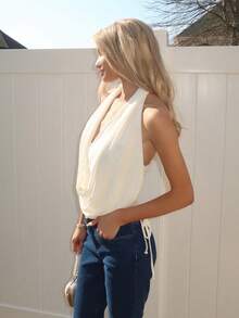 Sydney Algeri Y2K 女士垂褶领双层衬衫，不对称下摆，侧边褶皱垂褶上衣，时尚奶油色女士围巾上衣，女士派对礼服 - 杏色 - 查看 5