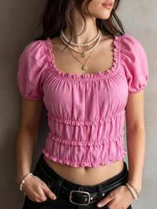 Top Cropped de Moda: Cuello Cuadrado con Volantes y Mangas Abullonadas, Estilo Femenino - Rosa Fucsia - Ver 1