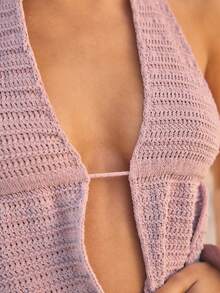 Aralina 春季提花蕾丝柔软针织面料，露背吊带设计，无缝拼接，度假风女装，波西米亚风，开襟设计，优雅派对必备，短款修身，夏季女装，节日上衣 - 淺粉色 - 查看 4