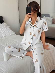 SHEIN Napfluff 可爱卡通熊印花蝴蝶结上衣和裤子女士睡衣套装，柔软睡衣套装，熊印花睡衣，可爱睡衣，春夏服装，可爱泰迪熊睡衣套装，卡哇伊睡衣，可爱睡衣套装 - 棕色 - 查看 3