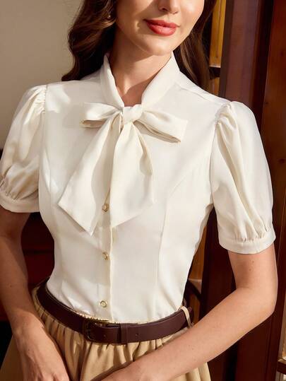 Vintamour Vintage Classic Elegant Women's Shirt, Spring/Summer Fitted Front Bow Tie Blouse, Flowy Collar Shirt, Button Shirt, Apricot Short Sleeve Shirt