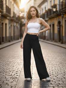Pantalón de corte Holgado de Tiro Alto para Mujer - Negro - Ver 1