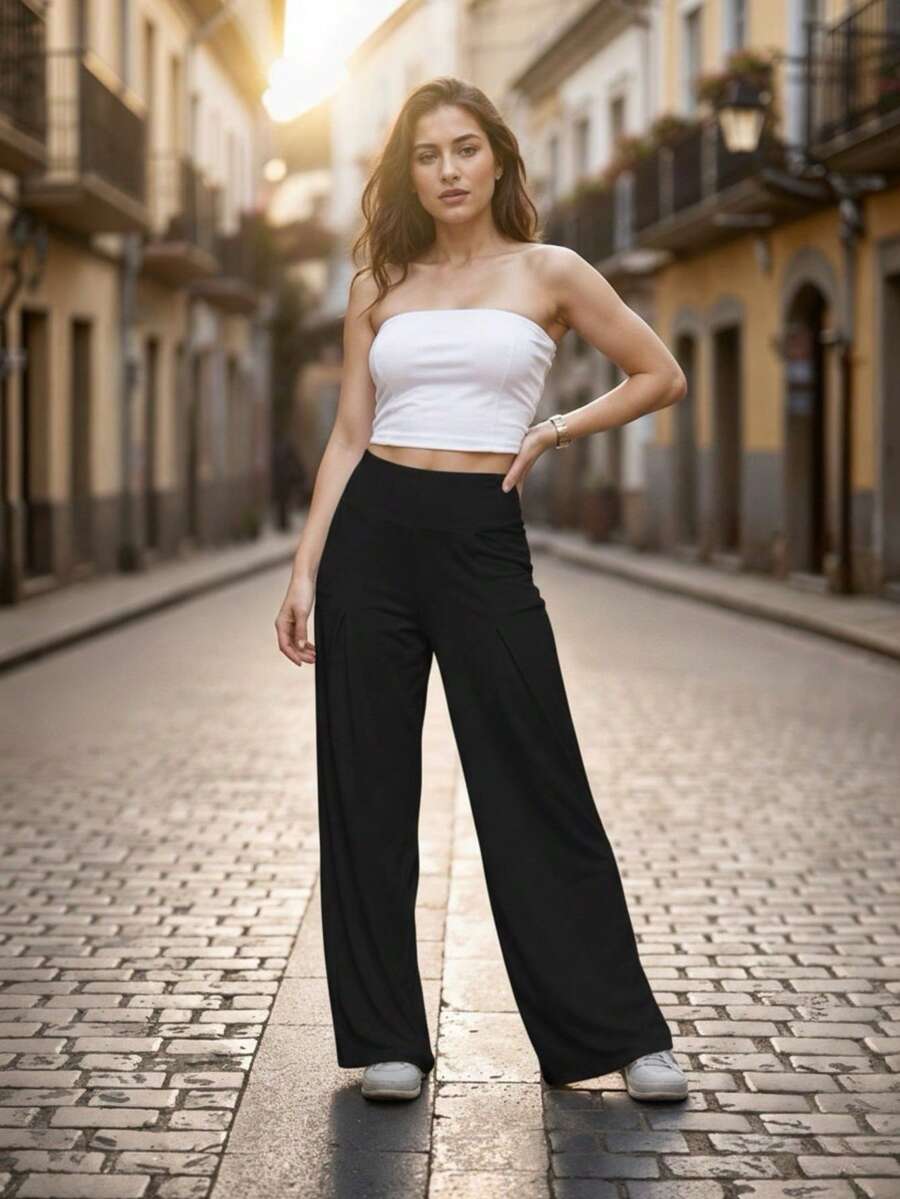 Pantalón de corte Holgado de Tiro Alto para Mujer - Negro - Ver 1