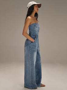 Athîral Women's Casual Washed Denim Jumpsuit For Summer - Blue - View 5