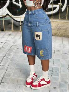 Slaydiva Women's Casual Fashion Street Daily Commute Letter Embroidery Patchwork Pocket Loose Wide Leg 3/4 Length Jeans - Blue - View 3