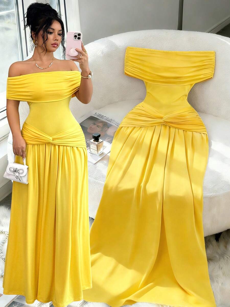 Elenzga New Off Shoulder Sleeveless Knit Fitted Elegant Party Versatile Dress For Women - Yellow - View 1