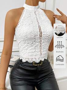 Firerie Camisola De Encaje Hueca Con Cuello Halter Y Sin Espalda - Blanco - Ver 2