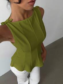 Aloruh 女士优雅简约无袖通勤衬衫 - 綠色 - 查看 4