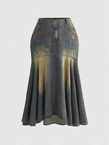 ROMWE Hippie Bohemian Floral Embroidered Plus Size Vintage Washed Bodycon Mermaid Denim Mini Skirt - Blue - View 1